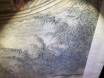 Chinese school, ink and colour on silk, 18/19th C.: 'Tea party on the water'