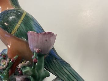 A pair of Chinese famille rose bird-shaped candlesticks, Qianlong