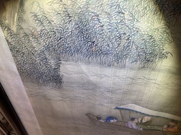 Chinese school, ink and colour on silk, 18/19th C.: 'Tea party on the water'