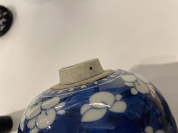 Une paire de jarres et une th&eacute;i&egrave;re couverte en porcelaine de Chine en bleu et blanc, Kangxi
