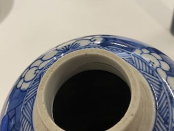 Une paire de jarres et une th&eacute;i&egrave;re couverte en porcelaine de Chine en bleu et blanc, Kangxi