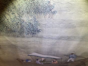 Chinese school, ink and colour on silk, 18/19th C.: 'Tea party on the water'