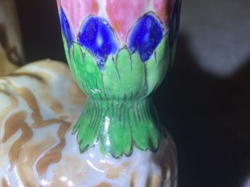 A pair of Chinese famille rose bird-shaped candlesticks, Jiaqing