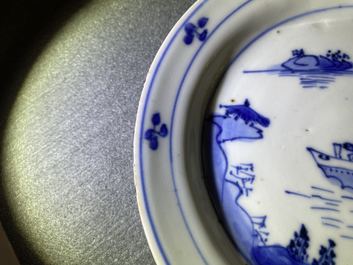 A Chinese blue and white plate with a junk, Wanli