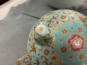 A Chinese famille rose turquoise-ground censer and cover, Republic