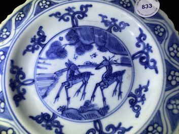 A Chinese blue and white plate with two deer, Ming
