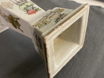 A square Chinese qianjiang cai 'antiquities' candlestick, 19th C.