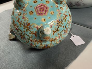 A Chinese famille rose turquoise-ground censer and cover, Republic
