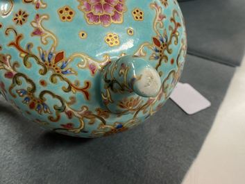 A Chinese famille rose turquoise-ground censer and cover, Republic