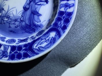 Three Chinese blue and white 'Dames au parasol' plates after Pronk, Qianlong
