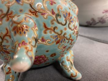 A Chinese famille rose turquoise-ground censer and cover, Republic