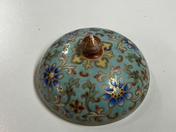 A Chinese famille rose turquoise-ground censer and cover, Republic