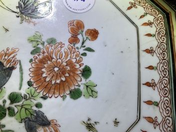 A Chinese octagonal famille verte tazza, Kangxi
