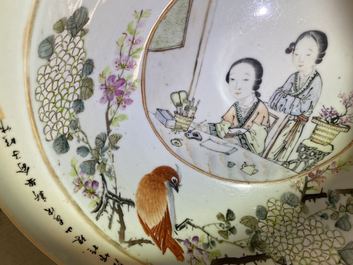 A large Chinese qianjiang cai bowl with a scholar and her student, 19/20th C.