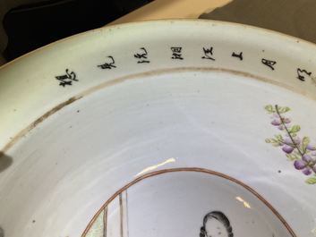 A large Chinese qianjiang cai bowl with a scholar and her student, 19/20th C.