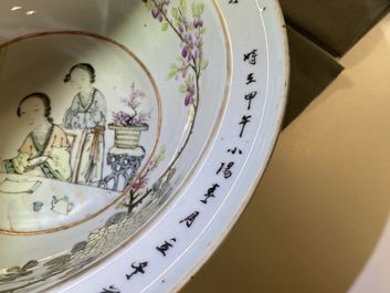 A large Chinese qianjiang cai bowl with a scholar and her student, 19/20th C.