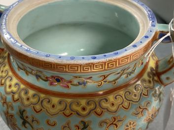 A Chinese famille rose turquoise-ground censer and cover, Republic