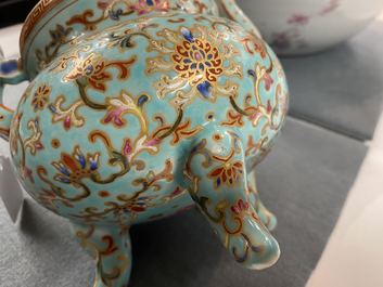 A Chinese famille rose turquoise-ground censer and cover, Republic