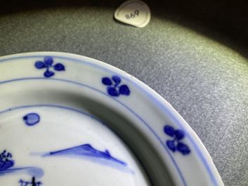 A Chinese blue and white plate with a junk, Wanli