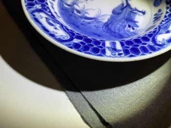 Three Chinese blue and white 'Dames au parasol' plates after Pronk, Qianlong