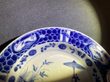 Three Chinese blue and white 'Dames au parasol' plates after Pronk, Qianlong