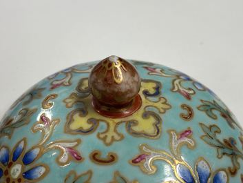 A Chinese famille rose turquoise-ground censer and cover, Republic