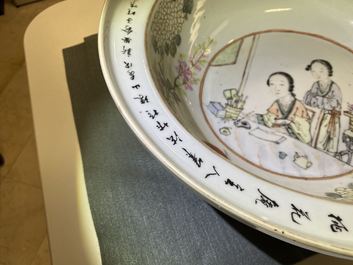 A large Chinese qianjiang cai bowl with a scholar and her student, 19/20th C.