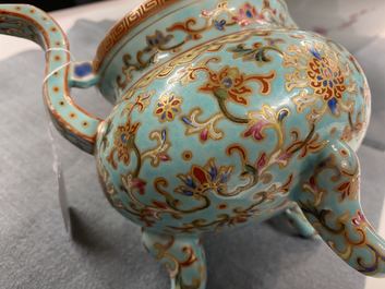 A Chinese famille rose turquoise-ground censer and cover, Republic