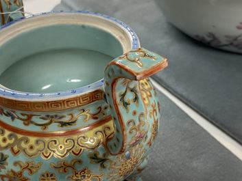 A Chinese famille rose turquoise-ground censer and cover, Republic