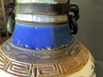 A Chinese Nanking famille rose crackle-glazed 'warrior' vase, 19th C.