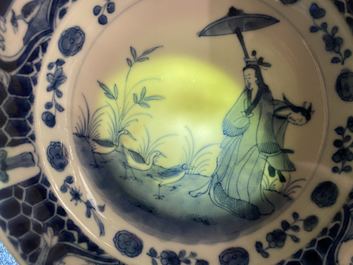 Three Chinese blue and white 'Dames au parasol' plates after Pronk, Qianlong