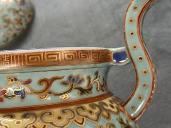 A Chinese famille rose turquoise-ground censer and cover, Republic