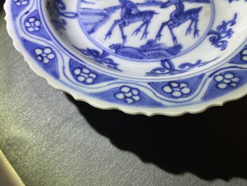 A Chinese blue and white plate with two deer, Ming