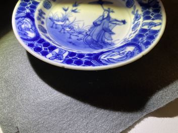 Three Chinese blue and white 'Dames au parasol' plates after Pronk, Qianlong