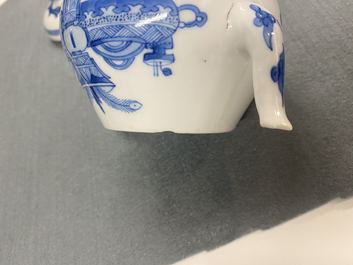 A Chinese blue and white teapot and cover with antiquities, Jiajing mark, Kangxi