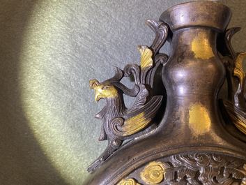 A Chinese gold-splashed bronze 'phoenix' vase, Qianlong mark, 18/19th C.