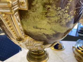 A pair of massive French S&egrave;vres-style vases with gilt bronze mounts, signed Desprez, 19th C.