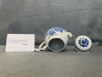 A Chinese blue and white teapot and cover with antiquities, Jiajing mark, Kangxi