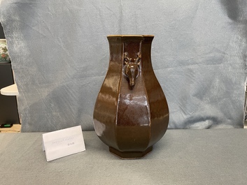 A Chinese monochrome brown-glazed octagonal 'deer head' vase, Qianlong mark and period