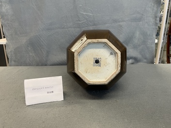 A Chinese monochrome brown-glazed octagonal 'deer head' vase, Qianlong mark and period