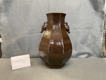 A Chinese monochrome brown-glazed octagonal 'deer head' vase, Qianlong mark and period