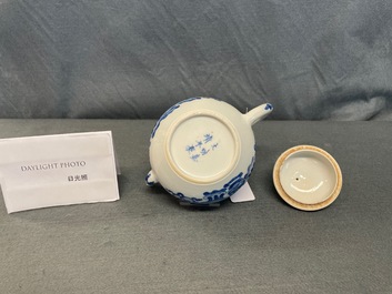 A Chinese blue and white teapot and cover with antiquities, Jiajing mark, Kangxi