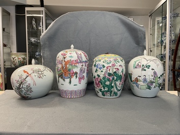 Four Chinese famille rose and qianjiang cai jars and covers, 19/20th C.