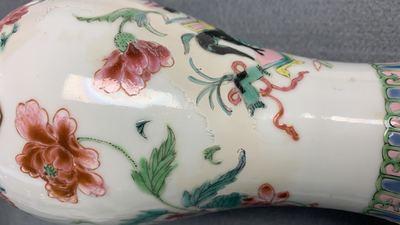 A Chinese famille rose garniture of five vases with antiquities, Qianlong