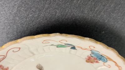 Six Chinese famille rose lotus-molded cups and saucers, Yongzheng
