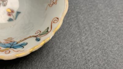 Six Chinese famille rose lotus-molded cups and saucers, Yongzheng