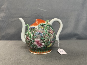 A Chinese famille rose peach-shaped 'cadogan' teapot with applied floral design, Qianlong