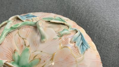 Six Chinese famille rose lotus-molded cups and saucers, Yongzheng