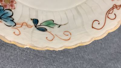 Six Chinese famille rose lotus-molded cups and saucers, Yongzheng