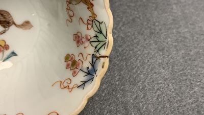 Six Chinese famille rose lotus-molded cups and saucers, Yongzheng